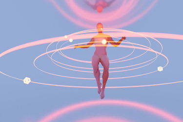 Illustration of a human figure encircled by glowing RNA orbits